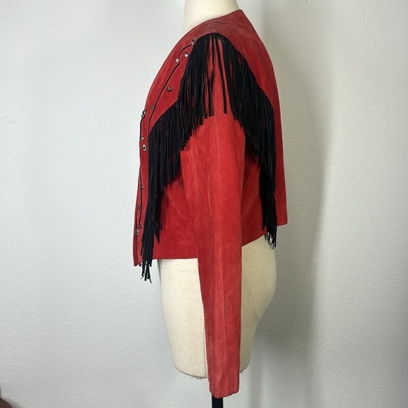 Tony Lama America red leather and suede fringe studded jacket vintage - Picture 4 of 16